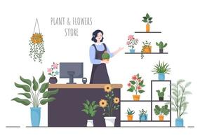 magasin de fleurs et magasin de plantes avec soin des fleuristes, produits naturels biologiques pour la décoration verte du jardin à la maison en illustration vectorielle de fond plat vecteur