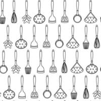 modèle vectoriel continu d'outils de cuisine. illustration dessinée à la main isolée sur fond blanc. plats - spatule, écumoire, louche, fouet, écraser, pinceau à pâtisserie. croquis monochrome, ensemble de griffonnages.