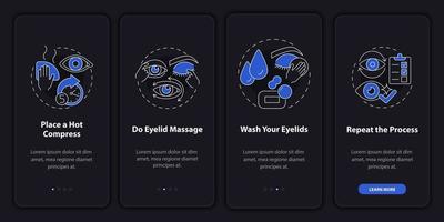 nettoyer les yeux de l'écran de la page de l'application mobile d'intégration noire. préparer pour la procédure de chirurgie pas à pas des instructions graphiques en 4 étapes avec des concepts. modèle vectoriel ui, ux, gui avec illustrations linéaires en mode nuit