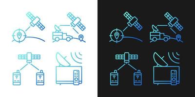 les icônes de dégradé des satellites de communication sont définies pour les modes sombre et clair. paquet de symboles de contour de ligne mince. collection d'illustrations vectorielles isolées en noir et blanc vecteur