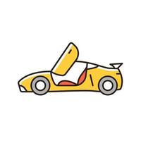 voiture avec icône de couleur rvb portes papillon. véhicule de sport hautes performances. modifications de supercar. conception de porte unique. se déplaçant vers le haut, vers l'extérieur. illustration vectorielle isolée. dessin au trait rempli simple vecteur