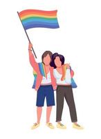 couple de lesbiennes avec des caractères vectoriels de couleur semi-plate du drapeau arc-en-ciel vecteur