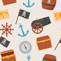 paquet de modèle sans couture de pirate. paquet pirate, carte au trésor, rhum, roue de navire, ancre, baril, bombe vecteur