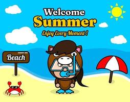 conception de fond de plage et de sable d'été avec texte profitez de chaque instant et panneau d'élément d'été qui dit plage, crabe et parapluie, en costume de mascotte d'animal de cheval portant un senorkel vecteur