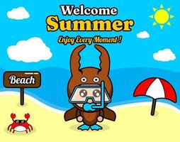 conception de fond de plage et de sable d'été avec texte profitez de chaque instant et panneau d'éléments d'été qui dit plage, crabe et parapluie, avec un costume de mascotte d'animal de coléoptère portant un senorkel vecteur