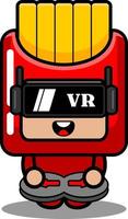 personnage de dessin animé de vecteur mignon costume de mascotte de nourriture frites jouant à un jeu de réalité virtuelle