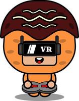 personnage de dessin animé de vecteur mignon costume de mascotte de nourriture takoyaki jouant à un jeu de réalité virtuelle