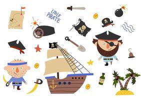 joli pirate en style cartoon. carte douce avec pirates, bateau, rhum, ancre, trésor, île. fond génial dans des couleurs vives vecteur