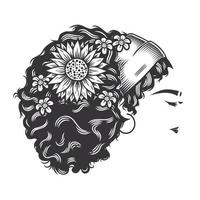 visage de femme afro chignon désordonné vintage avec des coiffures de fleurs vector illustration d'art en ligne.