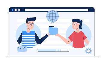 deux entreprises envoient, sauvegardent, copient, partagent un document pour le partage de données. vecteur