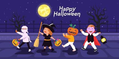 illustration vectorielle joyeuse astuce d'halloween ou gâterie les enfants se promènent dans la maison en frappant à l'halloween. vecteur