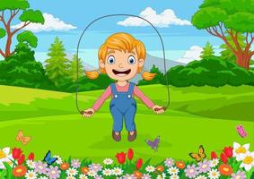 dessin animé petite fille jouant à la corde à sauter dans le parc vecteur