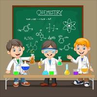 groupe de garçon scientifique faisant une expérience chimique vecteur
