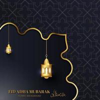 carte de voeux eid adha mubarak or noir avec lanterne islamique vecteur
