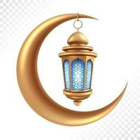 lanterne en or réaliste accrochée à une lune, décoration de culture de lampe islamique isolée. illustration vectorielle vecteur