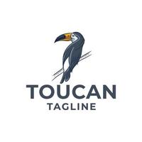 le logo de la mascotte de l'oiseau toucan est debout sur une branche, la tête tourne, regarde, regarde, logo de type vectoriel d'icône de tête d'animal