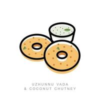 uzhunnu vada également connu sous le nom de beignets medu vada ou urad dal est une collation indienne cuite et frite avec un vecteur de contour simple de chutney de noix de coco