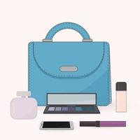 sac à main, parfum, cosmétiques et téléphone portable. le contenu du sac à main d'une femme. coiffeuse. concept de blogueurs beauté, mode et glamour. vecteur