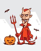 illustration du diable pour les vacances de l'halloween. diable en costume rouge avec une citrouille sur fond blanc. illustration vectorielle sur fond blanc. le diable dans le style comique. vecteur