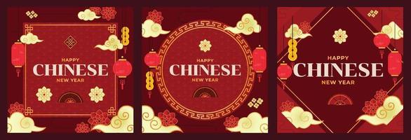 carte de voeux joyeux nouvel an chinois, publication sur les réseaux sociaux et imprimables. y compris des éléments cny comme une lanterne, un nuage, un éventail et une fleur vecteur