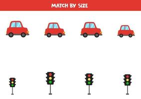 jeu d'association pour les enfants d'âge préscolaire. faire correspondre les voitures et les feux de circulation par taille. vecteur