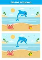 trouver 5 différences entre deux paysages marins avec dauphin et crabe. vecteur