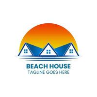 modèle de logo pour une auberge de plage. il y a trois maisons en forme de logo avec le soleil derrière. vecteur