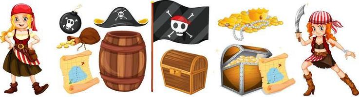 ensemble de personnages et d'objets de dessins animés de pirates vecteur