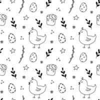 modèle sans couture de Pâques. poussins mignons, oeufs de pâques festifs, gâteaux de pâques, brindilles de printemps, fleurs. illustration vectorielle dessinée à la main dans un style doodle. parfait pour le papier d'emballage, l'emballage, les impressions vecteur