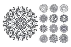 ensemble d'art en ligne de mandala. vecteur de page de coloriage de mandala. motif de mandala noir et blanc. vecteur de jeu de motifs de fleurs de mandala. vecteur de motif de fleur