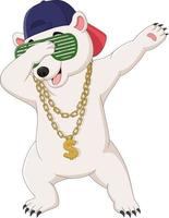 mignon ours polaire tamponnant la danse portant des lunettes de soleil, un chapeau et un collier en or vecteur