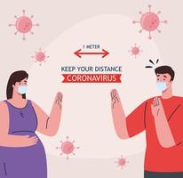 distanciation sociale, arrêter le coronavirus à un mètre de distance, garder la distance dans la société publique avec les personnes protégées contre le covid 19, couple portant un masque médical contre le coronavirus vecteur