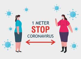 distanciation sociale, arrêter le coronavirus à un mètre de distance, garder la distance dans la société publique avec les personnes protégées contre le covid 19, les femmes portant un masque médical contre le coronavirus vecteur