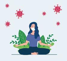 femme méditant portant un masque médical, concept de yoga, méditation, détente, mode de vie sain dans le paysage, avec des cellules covid 19 dans l'environnement vecteur