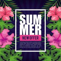 nouvelle offre d'été, bannière avec fleurs et feuilles tropicales, bannière florale exotique vecteur