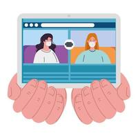 les femmes se parlent sur l'écran de la tablette, conférence vidéo, pendant le covid 19 vecteur