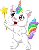 chat licorne drôle de dessin animé tenant la baguette magique vecteur