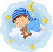 dessin animé bébé dormant avec un ours en peluche sur les nuages vecteur