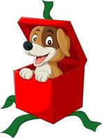 chien de dessin animé jetant un coup d'œil hors de la boîte cadeau rouge vecteur
