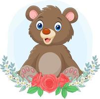 dessin animé bébé ours assis avec fond de fleurs vecteur