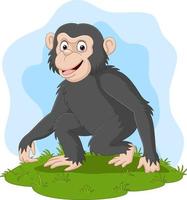 dessin animé heureux chimpanzé dans l'herbe vecteur