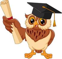 hibou de dessin animé portant une casquette de graduation tenant un diplôme