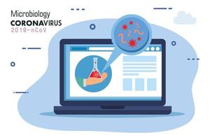 médecine en ligne par ordinateur portable avec microbiologie du covid 19 vecteur