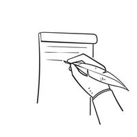 main doodle dessiné à la main tenant une plume d'oie avec illustration de geste d'écriture vecteur