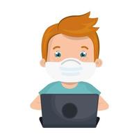garçon utilisant un masque facial avec un ordinateur portable étudiant en ligne vecteur