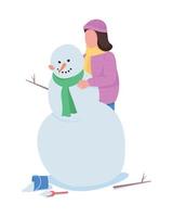 femme construisant un personnage de vecteur de couleur semi-plat bonhomme de neige