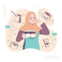 hijab vintage fille café barista illustration vectorielle
