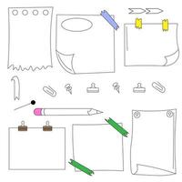 définir des griffonnages vectoriels à partir d'éléments de journal, bloc-notes, feuilles de papier avec coins incurvés, avec crayon et papeterie - trombone, épingles, boutons et ruban adhésif. mémo papier dessiné à la main collant. vecteur