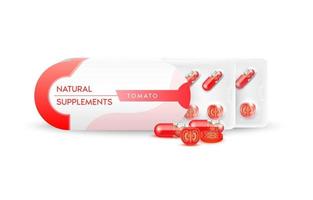 tomate rouge en capsule. suppléments naturels de vitamines et de minéraux. tranches de légumes et de fruits dans un emballage et une boîte de médicaments. beauté positive et concept de santé médicale. vecteur 3d réaliste.