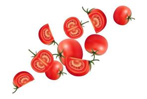 vol de tomates fraîches de morceaux au milieu sur fond blanc. illustration vectorielle 3d réaliste. vecteur